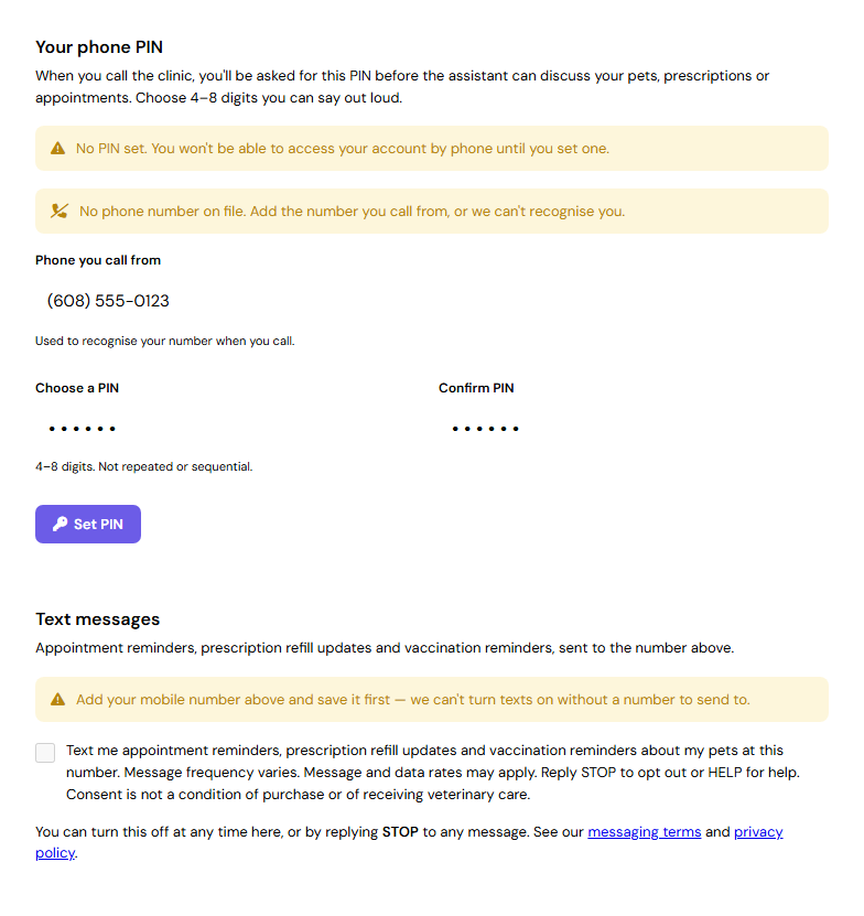 Screenshot of the VetAgent opt-in screen, showing the
  mobile number field the owner fills in and, beneath it, the consent checkbox shown unchecked
  with the full disclosure text